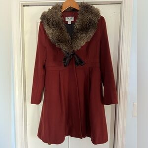 H&M Wine colored Swing Coat with Faux Fur Collar. Wool Blend, size 14.